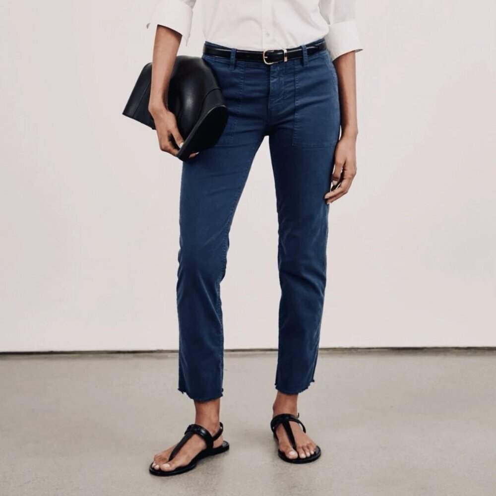 NILI LOTAN Jenna Cropped Raw-Edge Cotton Twill Pants Vintage Blue Size 10